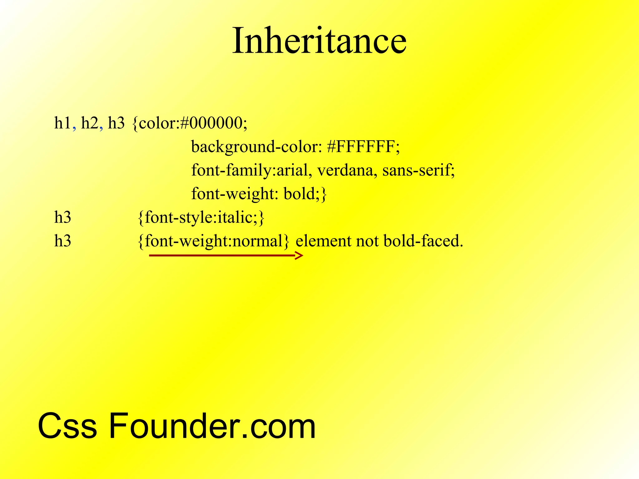 Inheritance
h1, h2, h3 {color:#000000;
background-color: #FFFFFF;
font-family:arial, verdana, sans-serif;
font-weight: bold;}
h3 {font-style:italic;}
h3 {font-weight:normal} element not bold-faced.
Css Founder.com
 
