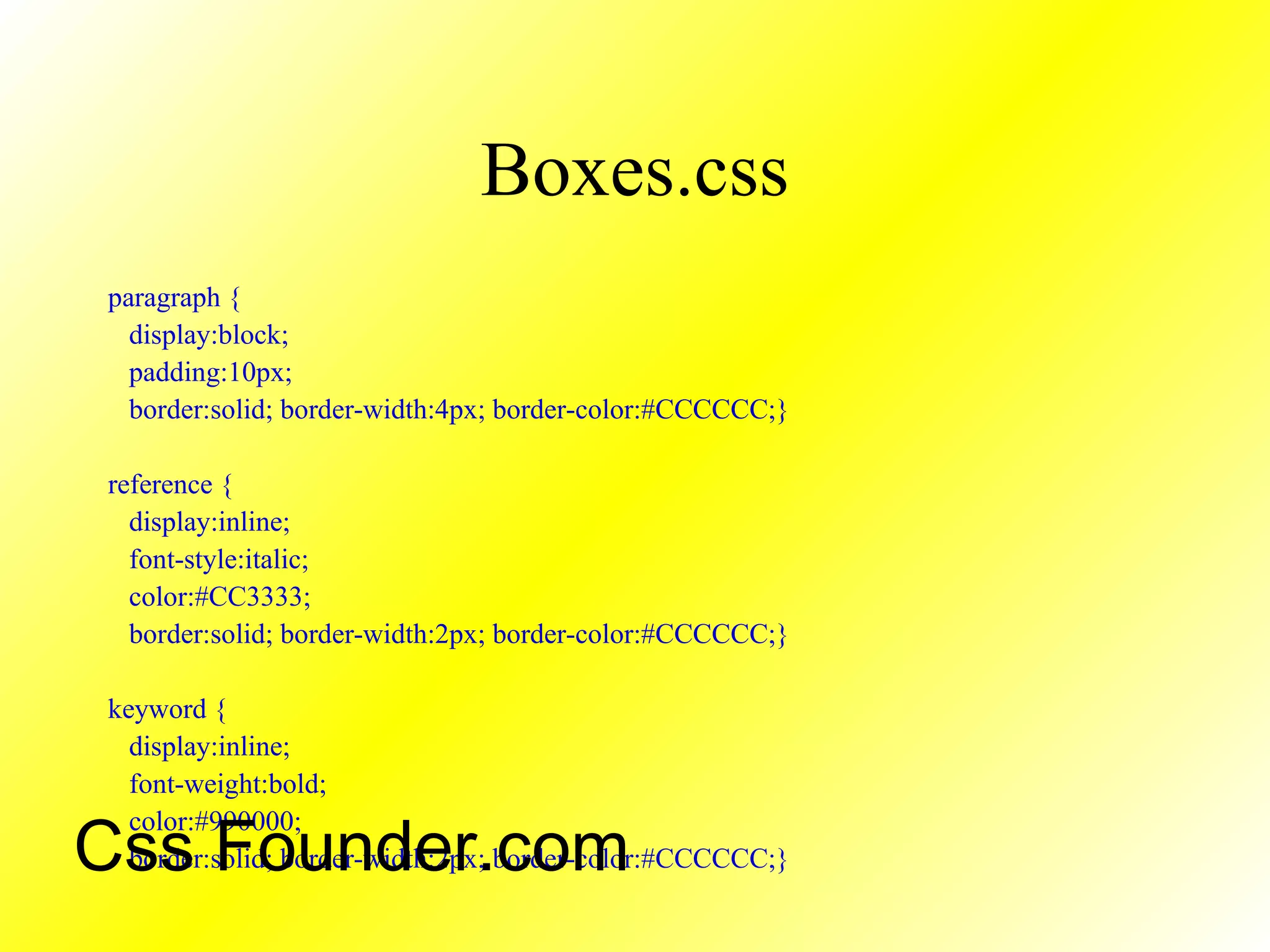 Boxes.css
paragraph {
display:block;
padding:10px;
border:solid; border-width:4px; border-color:#CCCCCC;}
reference {
display:inline;
font-style:italic;
color:#CC3333;
border:solid; border-width:2px; border-color:#CCCCCC;}
keyword {
display:inline;
font-weight:bold;
color:#990000;
border:solid; border-width:2px; border-color:#CCCCCC;}Css Founder.com
 