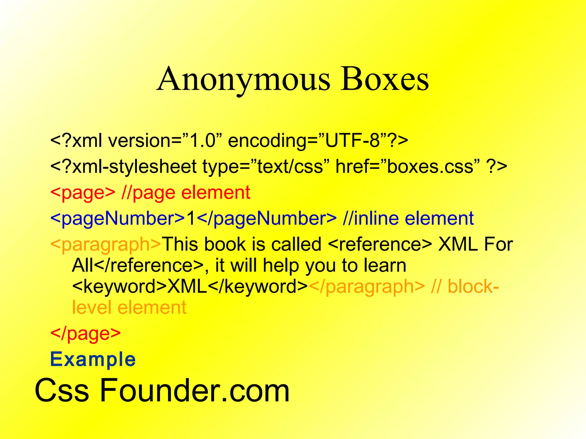 Anonymous Boxes
<?xml version=”1.0” encoding=”UTF-8”?>
<?xml-stylesheet type=”text/css” href=”boxes.css” ?>
<page> //page element
<pageNumber>1</pageNumber> //inline element
<paragraph>This book is called <reference> XML For
All</reference>, it will help you to learn
<keyword>XML</keyword></paragraph> // block-
level element
</page>
Example
Css Founder.com
 