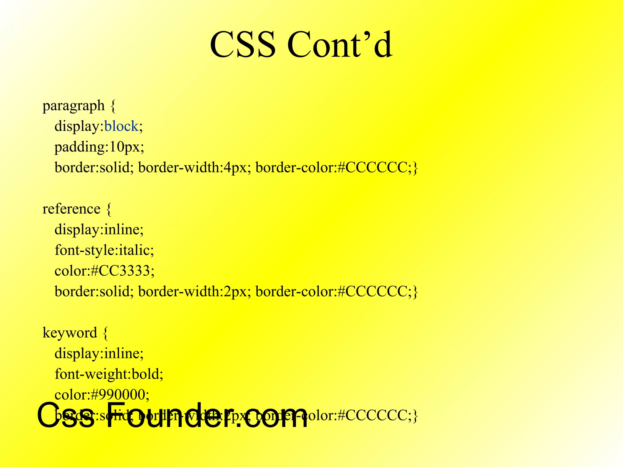 CSS Cont’d
paragraph {
display:block;
padding:10px;
border:solid; border-width:4px; border-color:#CCCCCC;}
reference {
display:inline;
font-style:italic;
color:#CC3333;
border:solid; border-width:2px; border-color:#CCCCCC;}
keyword {
display:inline;
font-weight:bold;
color:#990000;
border:solid; border-width:2px; border-color:#CCCCCC;}Css Founder.com
 
