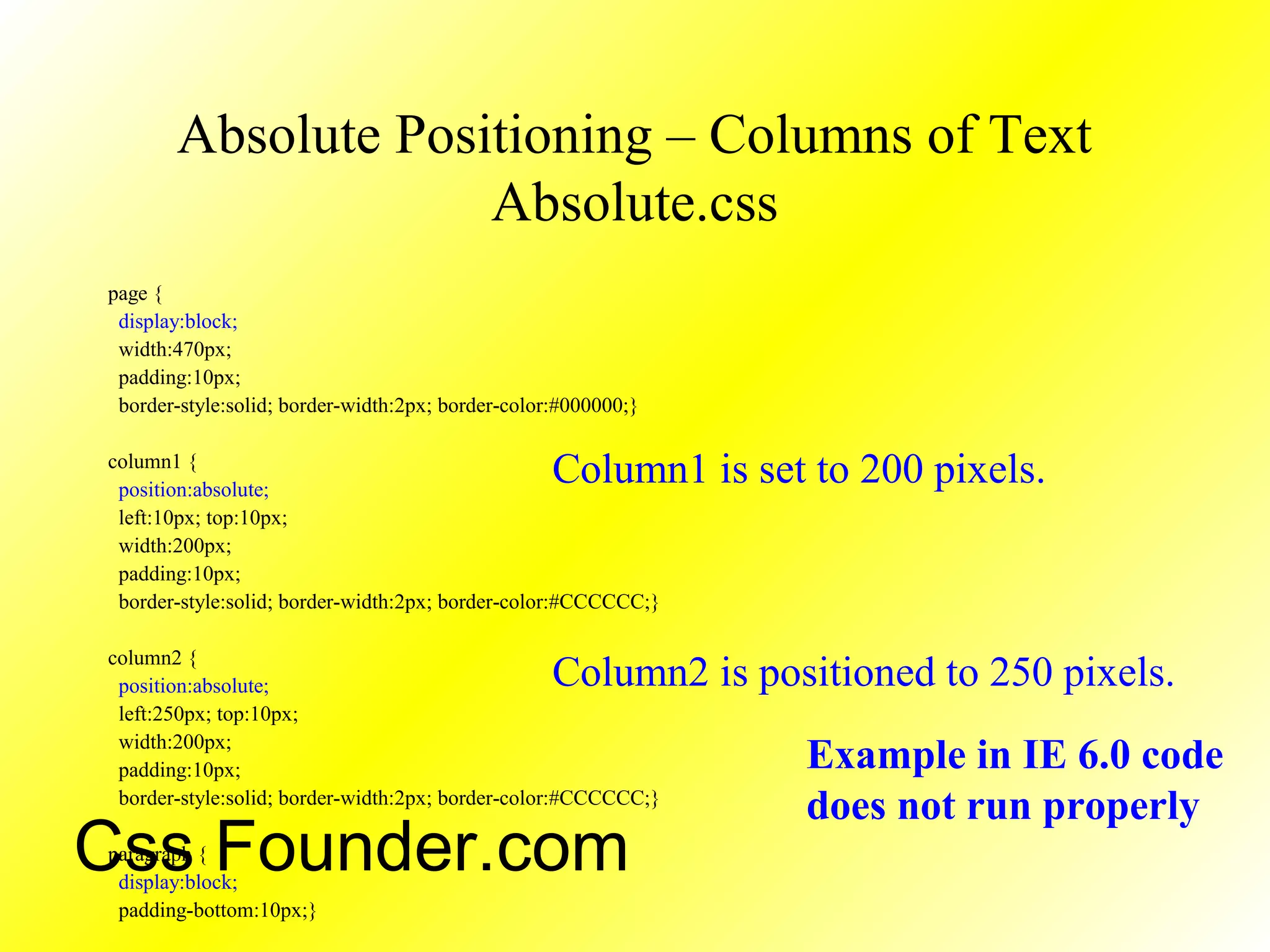 Absolute Positioning – Columns of Text
Absolute.css
page {
display:block;
width:470px;
padding:10px;
border-style:solid; border-width:2px; border-color:#000000;}
column1 {
position:absolute;
left:10px; top:10px;
width:200px;
padding:10px;
border-style:solid; border-width:2px; border-color:#CCCCCC;}
column2 {
position:absolute;
left:250px; top:10px;
width:200px;
padding:10px;
border-style:solid; border-width:2px; border-color:#CCCCCC;}
paragraph {
display:block;
padding-bottom:10px;}
Column1 is set to 200 pixels.
Column2 is positioned to 250 pixels.
Example in IE 6.0 code
does not run properly
Css Founder.com
 