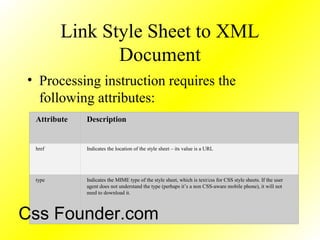 Link Style Sheet to XML
Document
• Processing instruction requires the
following attributes:
Attribute Description
href Indicates the location of the style sheet – its value is a URL
type Indicates the MIME type of the style sheet, which is text/css for CSS style sheets. If the user
agent does not understand the type (perhaps it’s a non CSS-aware mobile phone), it will not
need to download it.
Css Founder.com
 