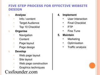 FIVE STEP PROCESS FOR EFFECTIVE WEBSITE
DESIGN
1. Analyse
• Info / content
• Target Audience
• Top 10 Checklist
1. Organise
• Navigation
• Content
• Page layout
• Page design
1. Develop
• Web page layout
• Site layout
• Web page construction
• Graphics techniques
4. Implement
• User Interaction
• Final Checklist
• FTP
• Fine Tune
5. Maintain
• Marketing
• Optimisation
• Traffic analysis
Cssfounder.com
 