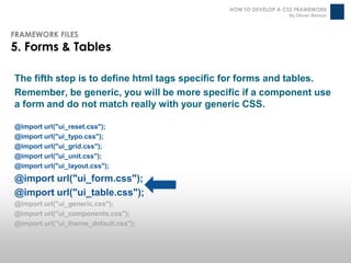 HOW TO DEVELOP A CSS FRAMEWORK
                                                                By Olivier Besson



FRAMEWORK FILES
5. Forms & Tables

The fifth step is to define html tags specific for forms and tables.
Remember, be generic, you will be more specific if a component use
a form and do not match really with your generic CSS.

@import url("ui_reset.css");
@import url("ui_typo.css");
@import url("ui_grid.css");
@import url("ui_unit.css");
@import url("ui_layout.css");
@import url("ui_form.css");
@import url("ui_table.css");
@import url("ui_generic.css");
@import url("ui_components.css");
@import url("ui_theme_default.css");
 
