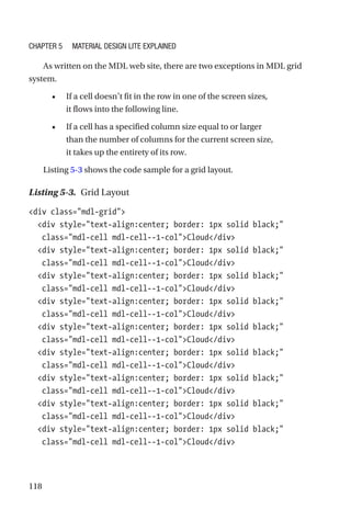 118
As written on the MDL web site, there are two exceptions in MDL grid
system.
•	 If a cell doesn’t fit in the row in one of the screen sizes,
it flows into the following line.
•	 If a cell has a specified column size equal to or larger
than the number of columns for the current screen size,
it takes up the entirety of its row.
Listing 5-3 shows the code sample for a grid layout.
Listing 5-3.  Grid Layout
div class=mdl-grid
  div style=text-align:center; border: 1px solid black;
class=mdl-cell mdl-cell--1-colCloud/div
  div style=text-align:center; border: 1px solid black;
class=mdl-cell mdl-cell--1-colCloud/div
  div style=text-align:center; border: 1px solid black;
class=mdl-cell mdl-cell--1-colCloud/div
  div style=text-align:center; border: 1px solid black;
class=mdl-cell mdl-cell--1-colCloud/div
  div style=text-align:center; border: 1px solid black;
class=mdl-cell mdl-cell--1-colCloud/div
  div style=text-align:center; border: 1px solid black;
class=mdl-cell mdl-cell--1-colCloud/div
  div style=text-align:center; border: 1px solid black;
class=mdl-cell mdl-cell--1-colCloud/div
  div style=text-align:center; border: 1px solid black;
class=mdl-cell mdl-cell--1-colCloud/div
  div style=text-align:center; border: 1px solid black;
class=mdl-cell mdl-cell--1-colCloud/div
Chapter 5 Material Design Lite Explained
 