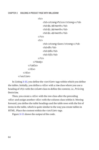 64
                        tr
                            tdstrongPrice/strong/td
                            td$9.98/month/td
                            td$2.99/month/td
                            td$2.49/month/td
                        /tr
                        tr
                            tdstrongSave/strong/td
                            td0%/td
                            td50%/td
                            td75%/td
                        /tr
                    /tbody
                /table
                /div
            /div
        /section
In Listing 3-13, you define the section tags within which you define
the tables. Initially, you define a div with a row class where you use a
heading of h3 with the column class to define the content, i.e., Pricing
Overview.
Then, you create a div with the row class after the preceding
div and assign another div with the column class within it. Moving
forward, you define the table headings and the table rows with the list of
items in the table, which is quite similar to the way you create tables in
HTML. Place the content within the section tags.
Figure 3-11 shows the output of the code.
Chapter 3 Building a Product Page with Milligram
 