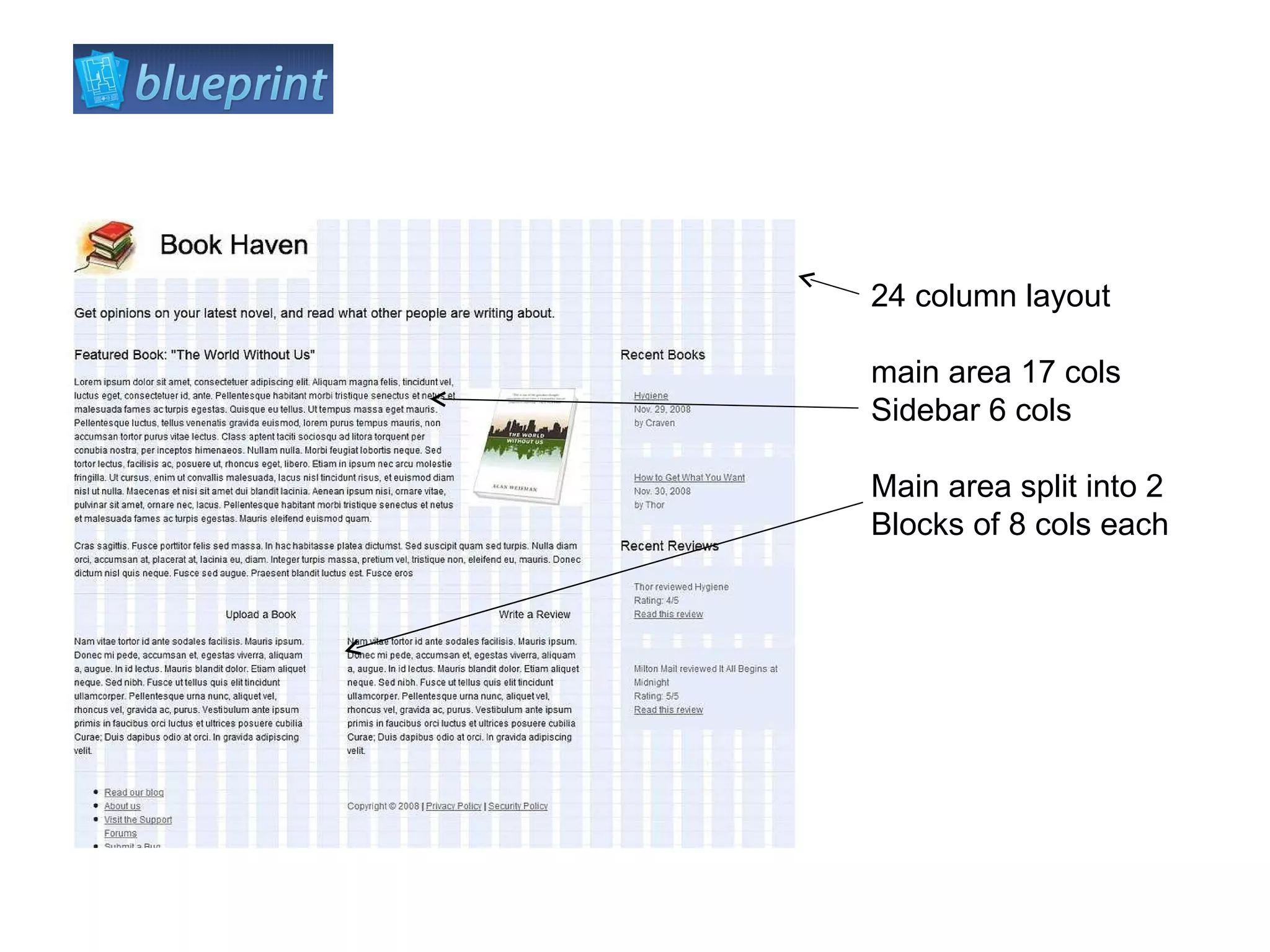 24 column layout main area 17 cols Sidebar 6 cols Main area split into 2 Blocks of 8 cols each 
