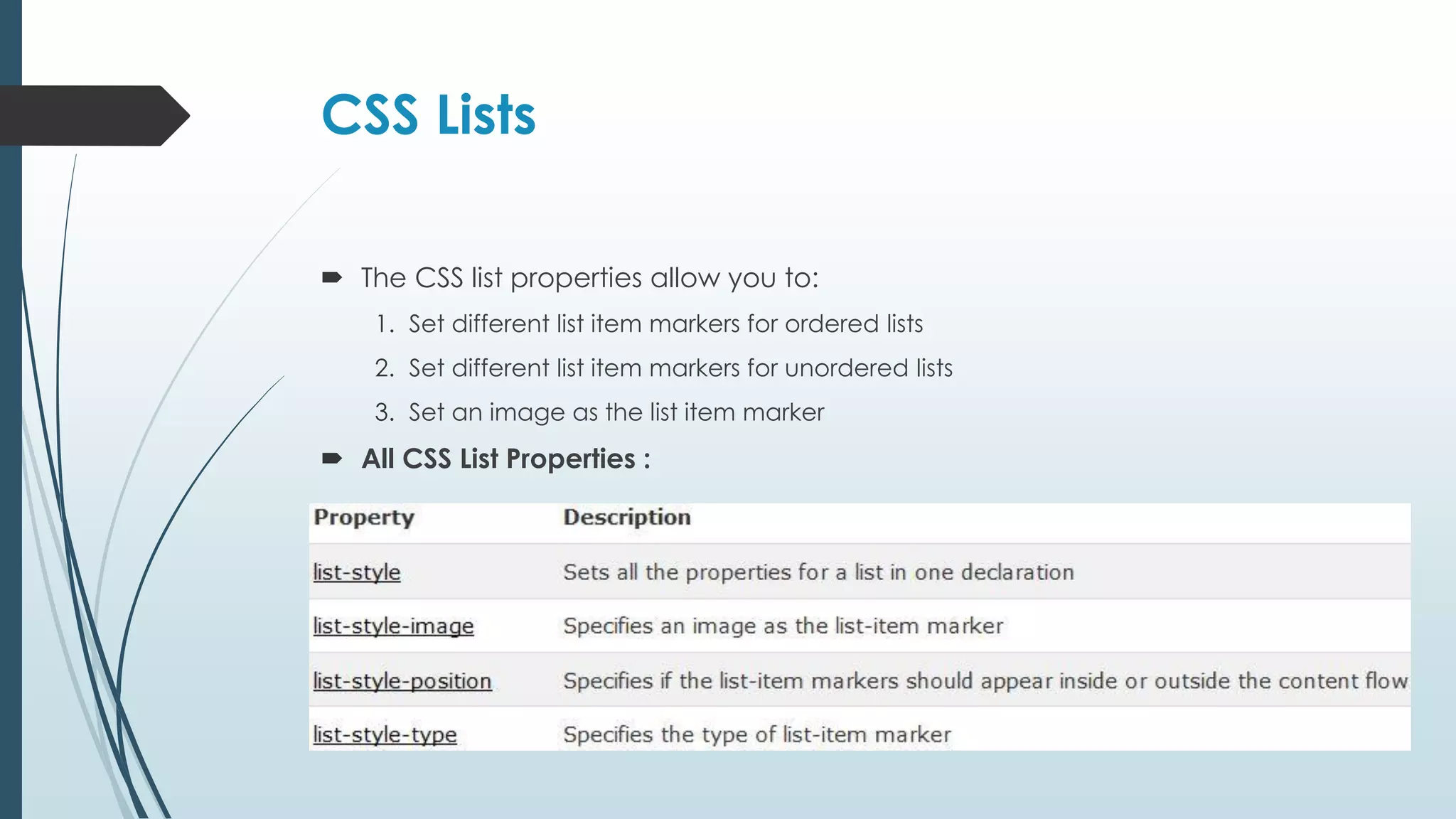 CSS Lists  The CSS list properties allow you to: 1. Set different list item markers for ordered lists 2. Set different list item markers for unordered lists 3. Set an image as the list item marker  All CSS List Properties : 