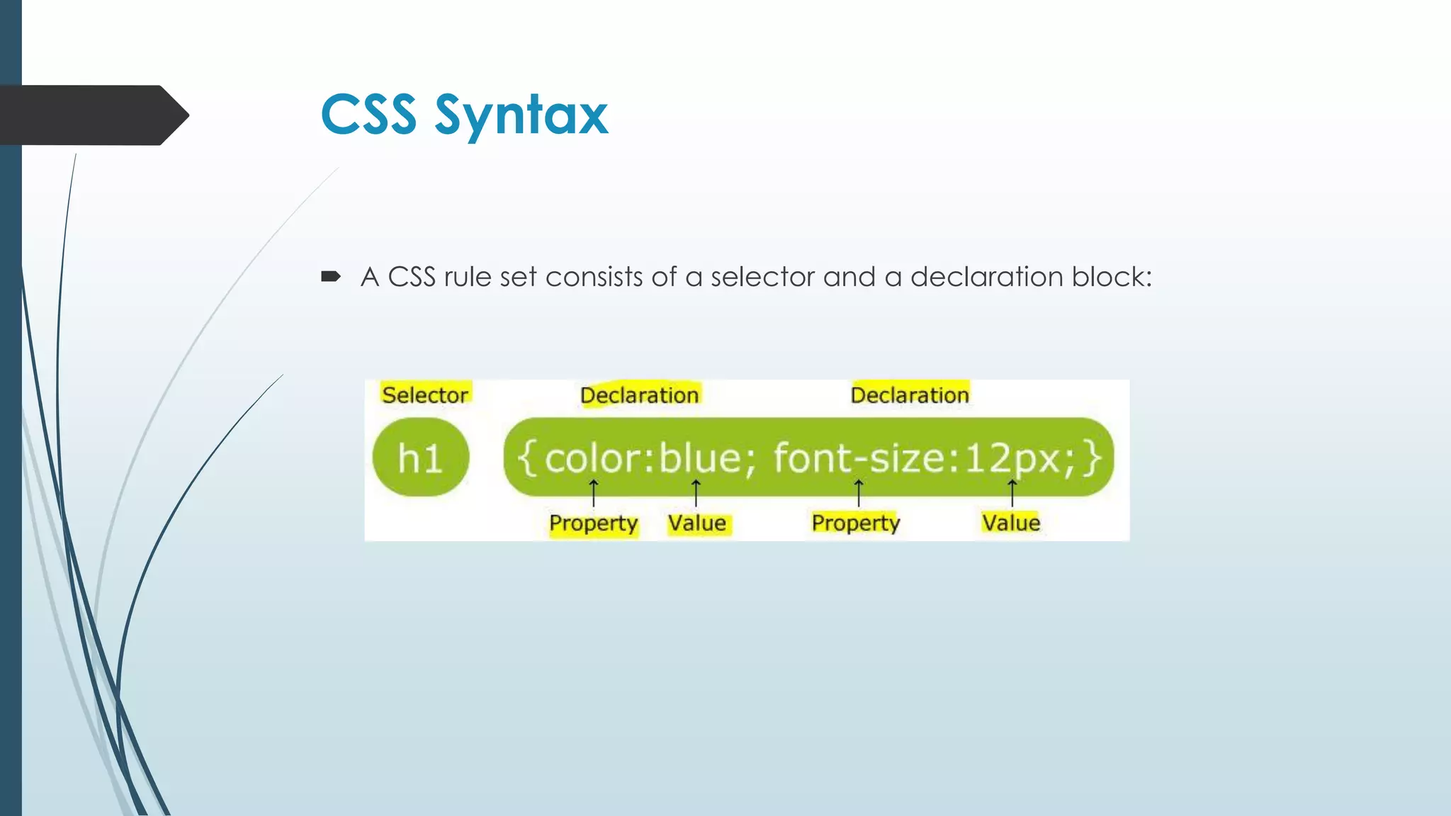 CSS Syntax  A CSS rule set consists of a selector and a declaration block: 