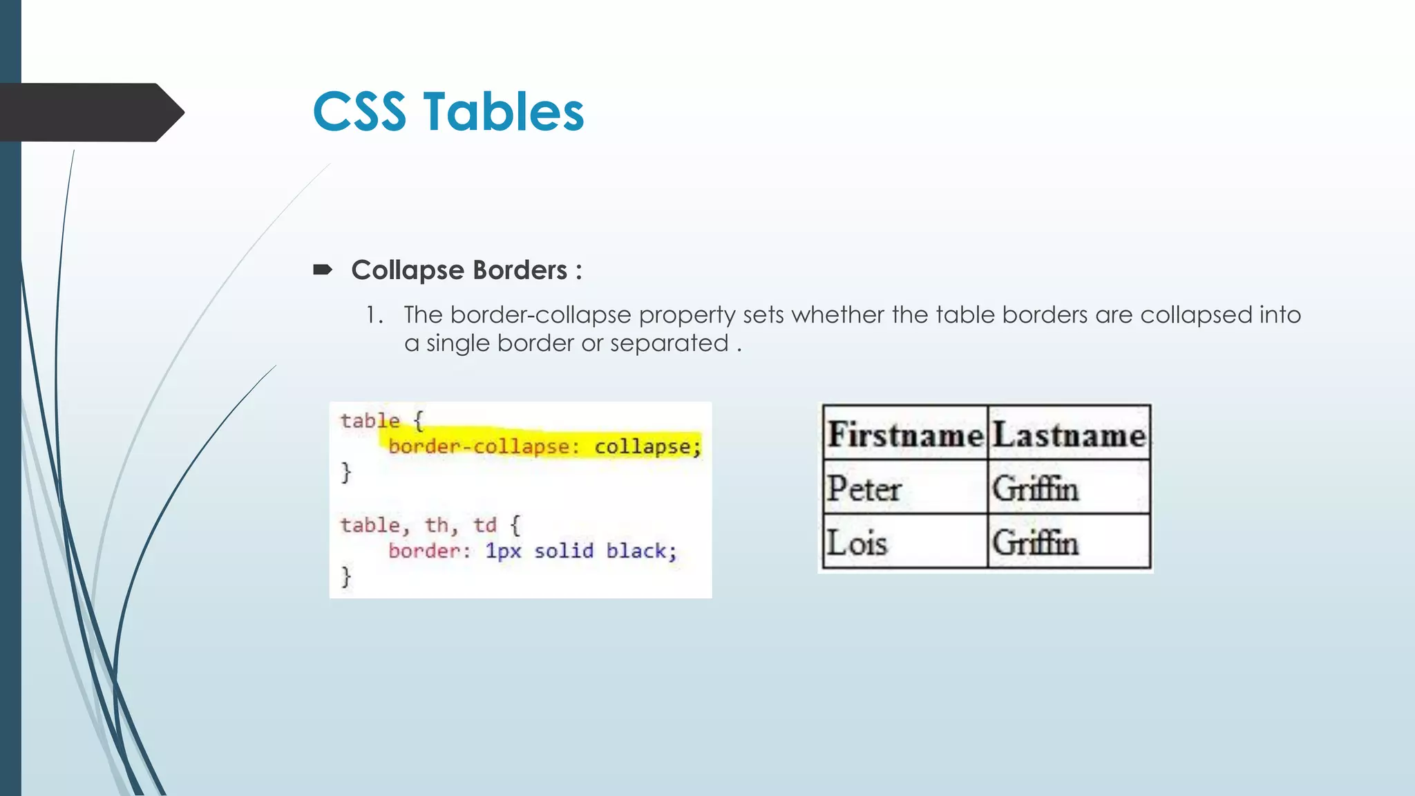 CSS Tables  Collapse Borders : 1. The border-collapse property sets whether the table borders are collapsed into a single border or separated . 