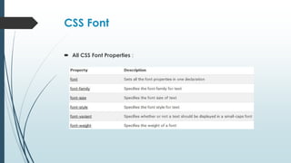 CSS Font
 All CSS Font Properties :
 