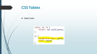 CSS Tables
 Table Color :
 