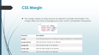 CSS Margin
 The margin clears an area around an element (outside the border). The
margin does not have a background color, and is completely transparent.
 