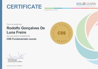 CERTIFICATE Issued 29 June, 2018
This is to certify that
Rodolfo Gonçalves De
Luna Freire
has successfully completed the
CSS Fundamentals course
CSS
Yeva Hyusyan
Chief Executive Officer
Certificate #1023-7986328
 