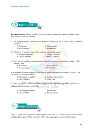 www.shsph.blogspot.com
23
Direction: Read the sentence carefully. Encircle the correct answer from the given choices. Write
your answer in your data notebook.
1. It is a general-purpose computer that is designed for individual use. It is also known as personal
computer
A. Mainframe C. Minicomputer
B. Microcomputer D. Workstation
2. Which type of computer features both analogue and digital computer?
A. Analogue Computer C. Hybrid Computer
B. Digital Computer D. Micro Computer
3. It is a mid-size multiprocessing computer consist of 2 or more processors and can support 4-200
users at a time;
A. Mainframe C. Minicomputer
B. Microcomputer D. Workstation
4. What part of computer performs the calculations needed by a system and can vary in speed? They
are referred to as computer’s brain
A. Central processing Unit C. Random Access Memory
B. Hard Disk Drive D. Video Card
5. What is referred to as the main printed circuit board in a computer through which all components
and external peripherals are connected.
A. Central processing Unit C. Motherboard
B. Hard Disk Drive D. Storage Device
Think of a body part or organ that can be compared to the parts of a computer below. Draw them and
make brief description of what similarities it has with computer parts in terms of functionality.
 