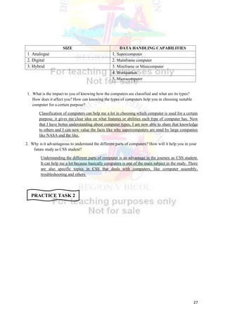 www.shsph.blogspot.com
27
SIZE DATA HANDLING CAPABILITIES
1 Analogue 1. Supercomputer
2. Digital 2. Mainframe computer
3. Hybrid 3. Miniframe or Minicomputer
4. Workstation
5. Microcomputer
1. What is the impact to you of knowing how the computers are classified and what are its types?
How does it affect you? How can knowing the types of computers help you in choosing suitable
computer for a certain purpose?
Classification of computers can help me a lot in choosing which computer is used for a certain
purpose, it gives me clear idea on what features or abilities each type of computer has. Now
that I have better understanding about computer types, I am now able to share that knowledge
to others and I can now value the facts like why supercomputers are used by large companies
like NASA and the like.
2. Why is it advantageous to understand the different parts of computers? How will it help you in your
future study as CSS student?
Understanding the different parts of computer is an advantage in the journey as CSS student.
It can help me a lot because basically computers is one of the main subject in the study. There
are also specific topics in CSS that deals with computers, like computer assembly,
troubleshooting and others.
PRACTICE TASK 2
 