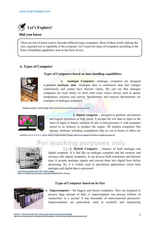 www.shsph.blogspot.com
7
Let’s Explore!
Did you know
A. Types of Computer
Types of Computers based on data handling capabilities:
1. Analogue Computer- Analogue computers are designed
to process analogue data. Analogue data is continuous data that changes
continuously and cannot have discrete values. We can say that analogue
computers are used where we don't need exact values always such as speed,
temperature, pressure and current. Speedometer and mercury thermometer are
examples of analogue computers.
2. Digital computer - designed to perform calculations
and logical operations at high speed. It accepts the raw data as input in the
form of digits or binary numbers (0 and 1) and processes it with programs
stored in its memory to produce the output. All modern computers like
laptops, desktops including smartphones that we use at home or office are
digital computers.
3. Hybrid Computer - features of both analogue and
digital computer. It is fast like an analogue computer and has memory and
accuracy like digital computers. It can process both continuous and discrete
data. It accepts analogue signals and convert them into digital form before
processing. So, it is widely used in specialized applications where both
analogue and digital data is processed.
Types of Computer based on its Size
1. Supercomputer - the biggest and fastest computers. They are designed to
process huge amount of data. A supercomputer can process trillions of
instructions in a second. It has thousands of interconnected processors.
Supercomputers are particularly used in scientific and engineering
There are lots of terms used to describe different types computers. Most of these words indicate the
size, expected use or capability of the computer. Let’s learn the types of computers according to the
basis of handling capabilities and on the basis of size.
Analogue Computer. (2019). [Image]. https://www.britannica.com/technology/analog-computer
Polish Hybrid computer WAT 1001. (2005). [Image].
https://en.wikipedia.org/wiki/Hybrid_computer#/media/File:WAT_1001.jpg
HANSON, G. R. E. G. O. R. Y. (2020). What is a digital computer? [Image]. https://www.wisegeek.com/what-is-a-digital-computer.htm
Greene, T. (2019, November 18). 0 of the world’s fastest supercomputers [Image].
https://www.networkworld.com/article/3236875/embargo-10-of-the-worlds-fastest-supercomputers.html
 