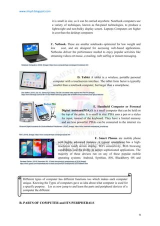 www.shsph.blogspot.com
9
it is small in size, so it can be carried anywhere. Notebook computers use
a variety of techniques, known as flat-panel technologies, to produce a
lightweight and non-bulky display screen. Laptops Computers are higher
in cost than the desktop computers
C. Netbook. These are smaller notebooks optimized for low weight and
low cost, and are designed for accessing web-based applications.
Netbooks deliver the performance needed to enjoy popular activities like
streaming videos ort music, e-mailing, web surfing or instant messaging.
D. Tablet A tablet is a wireless, portable personal
computer with a touchscreen interface. The tablet form factor is typically
smaller than a notebook computer, but larger than a smartphone.
E. Handheld Computer or Personal
Digital Assistant(PDA) It is a small computer that can be held on
the top of the palm. It is small in size. PDA uses a pen or a stylus
for input, instead of the keyboard. They have a limited memory
and are less powerful. PDAs can be connected to the internet via
wireless connection.
F. Smart Phones are mobile phone
with highly advanced features. A typical smartphone has a high-
resolution touch screen display, WiFi connectivity, Web browsing
capabilities, and the ability to accept sophisticated applications. The
majority of these devices run on any of these popular mobile
operating systems: Android, Symbian, iOS, BlackBerry OS and
Windows Mobile.
B. PARTS OF COMPUTER and ITS PERIPHERALS
Different types of computer has different functions too which makes each computer
unique. Knowing the Types of computers gave us idea about what computer is used for
a specific purpose. Les us now jump to and learn the parts and peripheral devices of a
computer the different
Notebook Computers. (2020). [Image]. https://www.computerhope.com/jargon/n/notebook.htm
Dan Seifert. (2019, July 31). Samsung’s Galaxy Tab S6 is its latest volley against the iPad Pro [Image].
https://www.theverge.com/2019/7/31/20748387/samsung-galaxy-tab-s6-tablet-announcement-price-specs-features
Personal Digital Assistants for Doctors/Medical Practitioners. (2020). [Image]. https://www.medindia.net/pda/pda_ersuite.asp
PDA. (2019). [Image]. https://www.computerhope.com/jargon/p/pda.htm
Sandeep Sarkar. (2018, December 26). 10 best ultra-premium smartphones of 2018 [Image].
https://www.gizbot.com/mobile/features/10-best-ultra-premium-smartphones-2018-056404.html
 