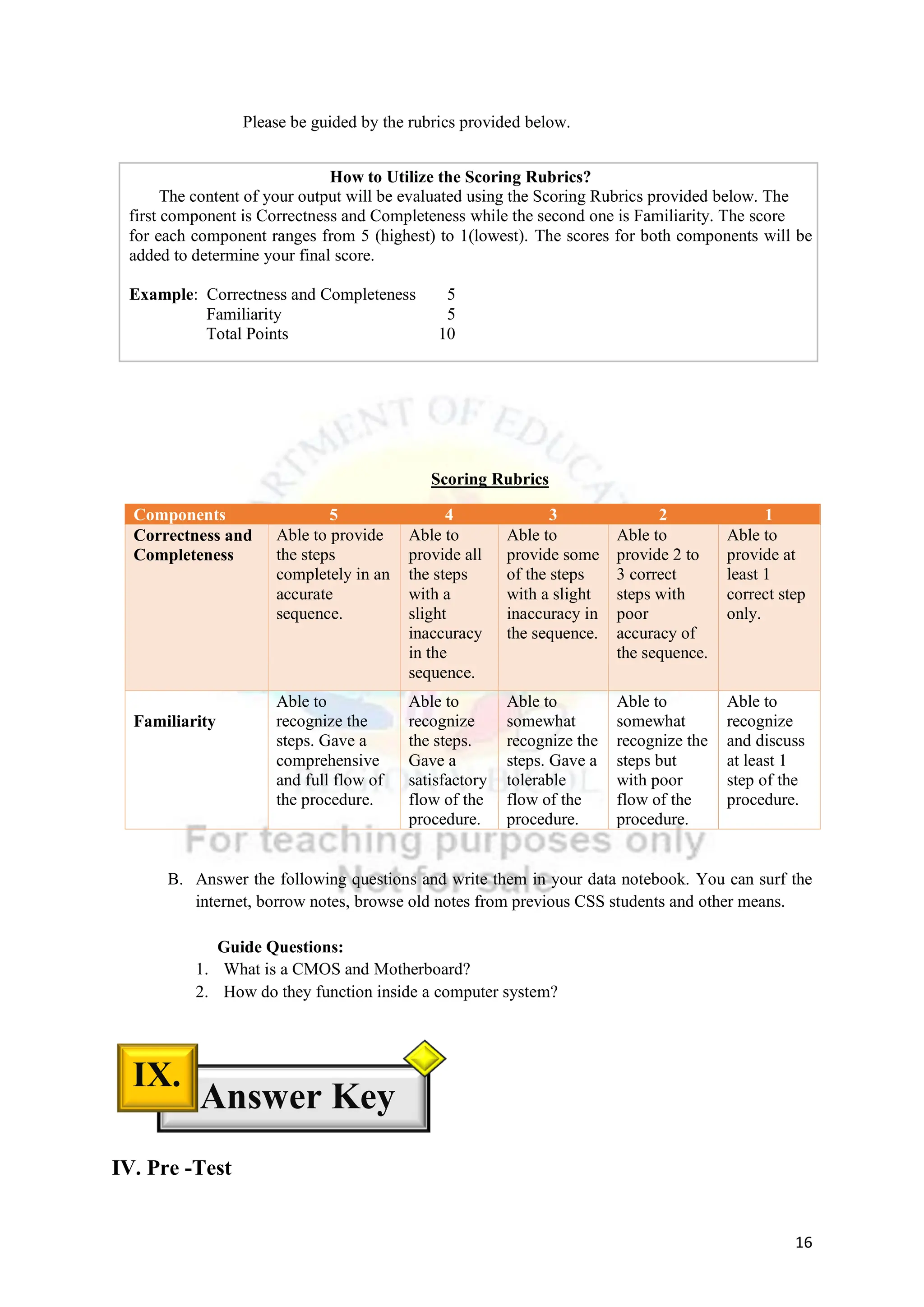 16
Please be guided by the rubrics provided below.
How to Utilize the Scoring Rubrics?
The content of your output will be evaluated using the Scoring Rubrics provided below. The
first component is Correctness and Completeness while the second one is Familiarity. The score
for each component ranges from 5 (highest) to 1(lowest). The scores for both components will be
added to determine your final score.
Example: Correctness and Completeness 5
Familiarity 5
Total Points 10
Scoring Rubrics
Components 5 4 3 2 1
Correctness and
Completeness
Able to provide
the steps
completely in an
accurate
sequence.
Able to
provide all
the steps
with a
slight
inaccuracy
in the
sequence.
Able to
provide some
of the steps
with a slight
inaccuracy in
the sequence.
Able to
provide 2 to
3 correct
steps with
poor
accuracy of
the sequence.
Able to
provide at
least 1
correct step
only.
Familiarity
Able to
recognize the
steps. Gave a
comprehensive
and full flow of
the procedure.
Able to
recognize
the steps.
Gave a
satisfactory
flow of the
procedure.
Able to
somewhat
recognize the
steps. Gave a
tolerable
flow of the
procedure.
Able to
somewhat
recognize the
steps but
with poor
flow of the
procedure.
Able to
recognize
and discuss
at least 1
step of the
procedure.
B. Answer the following questions and write them in your data notebook. You can surf the
internet, borrow notes, browse old notes from previous CSS students and other means.
Guide Questions:
1. What is a CMOS and Motherboard?
2. How do they function inside a computer system?
IV. Pre -Test
Answer Key
IX.
.
 