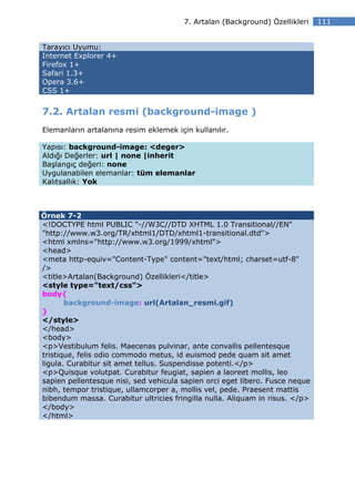 7. Artalan (Background) Özellikleri   111


Tarayıcı Uyumu:
Internet Explorer 4+
Firefox 1+
Safari 1.3+
Opera 3.6+
CSS 1+


7.2. Artalan resmi (background-image )
Elemanların artalanına resim eklemek için kullanılır.

Yapısı: background-image: <deger>
Aldığı Değerler: url | none |inherit
Başlangıç değeri: none
Uygulanabilen elemanlar: tüm elemanlar
Kalıtsallık: Yok



Örnek 7-2
<!DOCTYPE html PUBLIC "-//W3C//DTD XHTML 1.0 Transitional//EN"
"http://www.w3.org/TR/xhtml1/DTD/xhtml1-transitional.dtd">
<html xmlns="http://www.w3.org/1999/xhtml">
<head>
<meta http-equiv="Content-Type" content="text/html; charset=utf-8"
/>
<title>Artalan(Background) Özellikleri</title>
<style type="text/css">
body{
       background-image: url(Artalan_resmi.gif)
}
</style>
</head>
<body>
<p>Vestibulum felis. Maecenas pulvinar, ante convallis pellentesque
tristique, felis odio commodo metus, id euismod pede quam sit amet
ligula. Curabitur sit amet tellus. Suspendisse potenti.</p>
<p>Quisque volutpat. Curabitur feugiat, sapien a laoreet mollis, leo
sapien pellentesque nisi, sed vehicula sapien orci eget libero. Fusce neque
nibh, tempor tristique, ullamcorper a, mollis vel, pede. Praesent mattis
bibendum massa. Curabitur ultricies fringilla nulla. Aliquam in risus. </p>
</body>
</html>
 