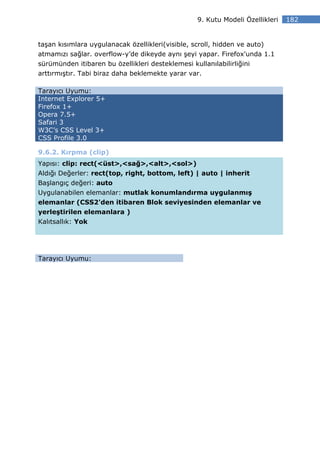 9. Kutu Modeli Özellikleri   182


taşan kısımlara uygulanacak özellikleri(visible, scroll, hidden ve auto)
atmamızı sağlar. overflow-y’de dikeyde aynı şeyi yapar. Firefox'unda 1.1
sürümünden itibaren bu özellikleri desteklemesi kullanılabilirliğini
arttırmıştır. Tabi biraz daha beklemekte yarar var.

Tarayıcı Uyumu:
Internet Explorer 5+
Firefox 1+
Opera 7.5+
Safari 3
W3C’s CSS Level 3+
CSS Profile 3.0

9.6.2. Kırpma (clip)
Yapısı: clip: rect(<üst>,<sağ>,<alt>,<sol>)
Aldığı Değerler: rect(top, right, bottom, left) | auto | inherit
Başlangıç değeri: auto
Uygulanabilen elemanlar: mutlak konumlandırma uygulanmış
elemanlar (CSS2'den itibaren Blok seviyesinden elemanlar ve
yerleştirilen elemanlara )
Kalıtsallık: Yok




Tarayıcı Uyumu:
 