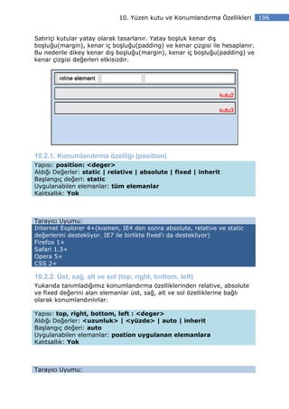 10. Yüzen kutu ve Konumlandırma Özellikleri      196


Satıriçi kutular yatay olarak tasarlanır. Yatay boşluk kenar dış
boşluğu(margin), kenar iç boşluğu(padding) ve kenar çizgisi ile hesaplanır.
Bu nedenle dikey kenar dış boşluğu(margin), kenar iç boşluğu(padding) ve
kenar çizgisi değerleri etkisizdir.




10.2.1. Konumlandırma özelliği (position)
Yapısı: position: <deger>
Aldığı Değerler: static | relative | absolute | fixed | inherit
Başlangıç değeri: static
Uygulanabilen elemanlar: tüm elemanlar
Kalıtsallık: Yok



Tarayıcı Uyumu:
Internet Explorer 4+(kısmen, IE4 den sonra absolute, relative ve static
değerlerini destekliyor. IE7 ile birlikte fixed’ı da destekliyor)
Firefox 1+
Safari 1.3+
Opera 5+
CSS 2+

10.2.2. Üst, sağ, alt ve sol (top, right, bottom, left)
Yukarıda tanımladığımız konumlandırma özelliklerinden relative, absolute
ve fixed değerini alan elemanlar üst, sağ, alt ve sol özelliklerine bağlı
olarak konumlandırılırlar.

Yapısı: top, right, bottom, left : <deger>
Aldığı Değerler: <uzunluk> | <yüzde> | auto | inherit
Başlangıç değeri: auto
Uygulanabilen elemanlar: postion uygulanan elemanlara
Kalıtsallık: Yok



Tarayıcı Uyumu:
 
