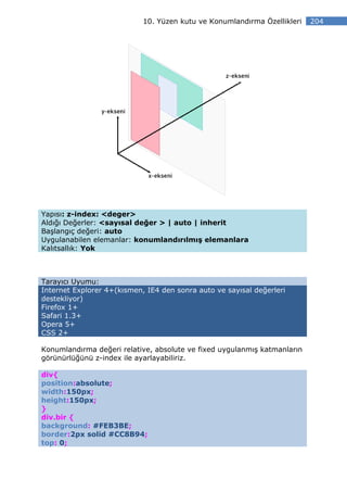 10. Yüzen kutu ve Konumlandırma Özellikleri   204




Yapısı: z-index: <deger>
Aldığı Değerler: <sayısal değer > | auto | inherit
Başlangıç değeri: auto
Uygulanabilen elemanlar: konumlandırılmış elemanlara
Kalıtsallık: Yok



Tarayıcı Uyumu:
Internet Explorer 4+(kısmen, IE4 den sonra auto ve sayısal değerleri
destekliyor)
Firefox 1+
Safari 1.3+
Opera 5+
CSS 2+

Konumlandırma değeri relative, absolute ve fixed uygulanmış katmanların
görünürlüğünü z-index ile ayarlayabiliriz.

div{
position:absolute;
width:150px;
height:150px;
}
div.bir {
background: #FEB3BE;
border:2px solid #CC8B94;
top: 0;
 