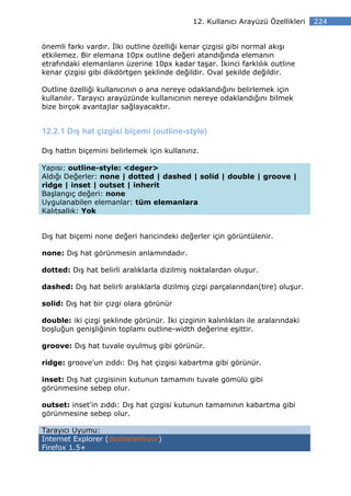 12. Kullanıcı Arayüzü Özellikleri   224


önemli farkı vardır. lki outline özelliği kenar çizgisi gibi normal akışı
etkilemez. Bir elemana 10px outline değeri atandığında elemanın
etrafındaki elemanların üzerine 10px kadar taşar. kinci farklılık outline
kenar çizgisi gibi dikdörtgen şeklinde değildir. Oval şekilde değildir.

Outline özelliği kullanıcının o ana nereye odaklandığını belirlemek için
kullanılır. Tarayıcı arayüzünde kullanıcının nereye odaklandığını bilmek
bize birçok avantajlar sağlayacaktır.


12.2.1 Dış hat çizgisi biçemi (outline-style)

Dış hattın biçemini belirlemek için kullanırız.

Yapısı: outline-style: <deger>
Aldığı Değerler: none | dotted | dashed | solid | double | groove |
ridge | inset | outset | inherit
Başlangıç değeri: none
Uygulanabilen elemanlar: tüm elemanlara
Kalıtsallık: Yok


Dış hat biçemi none değeri haricindeki değerler için görüntülenir.

none: Dış hat görünmesin anlamındadır.

dotted: Dış hat belirli aralıklarla dizilmiş noktalardan oluşur.

dashed: Dış hat belirli aralıklarla dizilmiş çizgi parçalarından(tire) oluşur.

solid: Dış hat bir çizgi olara görünür

double: iki çizgi şeklinde görünür. ki çizginin kalınlıkları ile aralarındaki
boşluğun genişliğinin toplamı outline-width değerine eşittir.

groove: Dış hat tuvale oyulmuş gibi görünür.

ridge: groove'un zıddı: Dış hat çizgisi kabartma gibi görünür.

inset: Dış hat çizgisinin kutunun tamamını tuvale gömülü gibi
görünmesine sebep olur.

outset: inset'in zıddı: Dış hat çizgisi kutunun tamamının kabartma gibi
görünmesine sebep olur.

Tarayıcı Uyumu:
Internet Explorer (desteklemiyor)
Firefox 1.5+
 