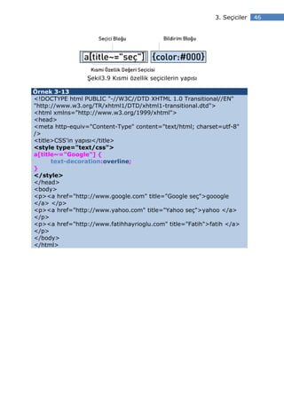 3. Seçiciler   46




                 Şekil3.9 Kısmi özellik seçicilerin yapısı

Örnek 3-13
<!DOCTYPE html PUBLIC "-//W3C//DTD XHTML 1.0 Transitional//EN"
"http://www.w3.org/TR/xhtml1/DTD/xhtml1-transitional.dtd">
<html xmlns="http://www.w3.org/1999/xhtml">
<head>
<meta http-equiv="Content-Type" content="text/html; charset=utf-8"
/>
<title>CSS'in yapısı</title>
<style type="text/css">
a[title~="Google"] {
      text-decoration:overline;
}
</style>
</head>
<body>
<p><a href="http://www.google.com" title="Google seç">gooogle
</a> </p>
<p><a href="http://www.yahoo.com" title="Yahoo seç">yahoo </a>
</p>
<p><a href="http://www.fatihhayrioglu.com" title="Fatih">fatih </a>
</p>
</body>
</html>
 