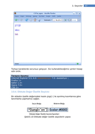 3. Seçiciler   47




Türkçe karakterde sorunsuz çalışıyor. Siz kullanabileceğimiz yerleri hesap
edin artık.

Tarayıcı Uyumu:
Internet Explorer 5.5, 6.0: desteklemiyor 7.0: destekliyor ;
Firefox 1+
Safari 1.3+
Opera 7.0+
CSS 2+

3.9.4. Dikkate Değer Özellik Seçicisi

Bir etiketin özellik değerindeki kesik çizgi(-) ile ayrılmış kısımlarına göre
tanımlama yapmamızı sağlar.




              Şekil3.10 Dikkate değer özellik seçicilerin yapısı
 