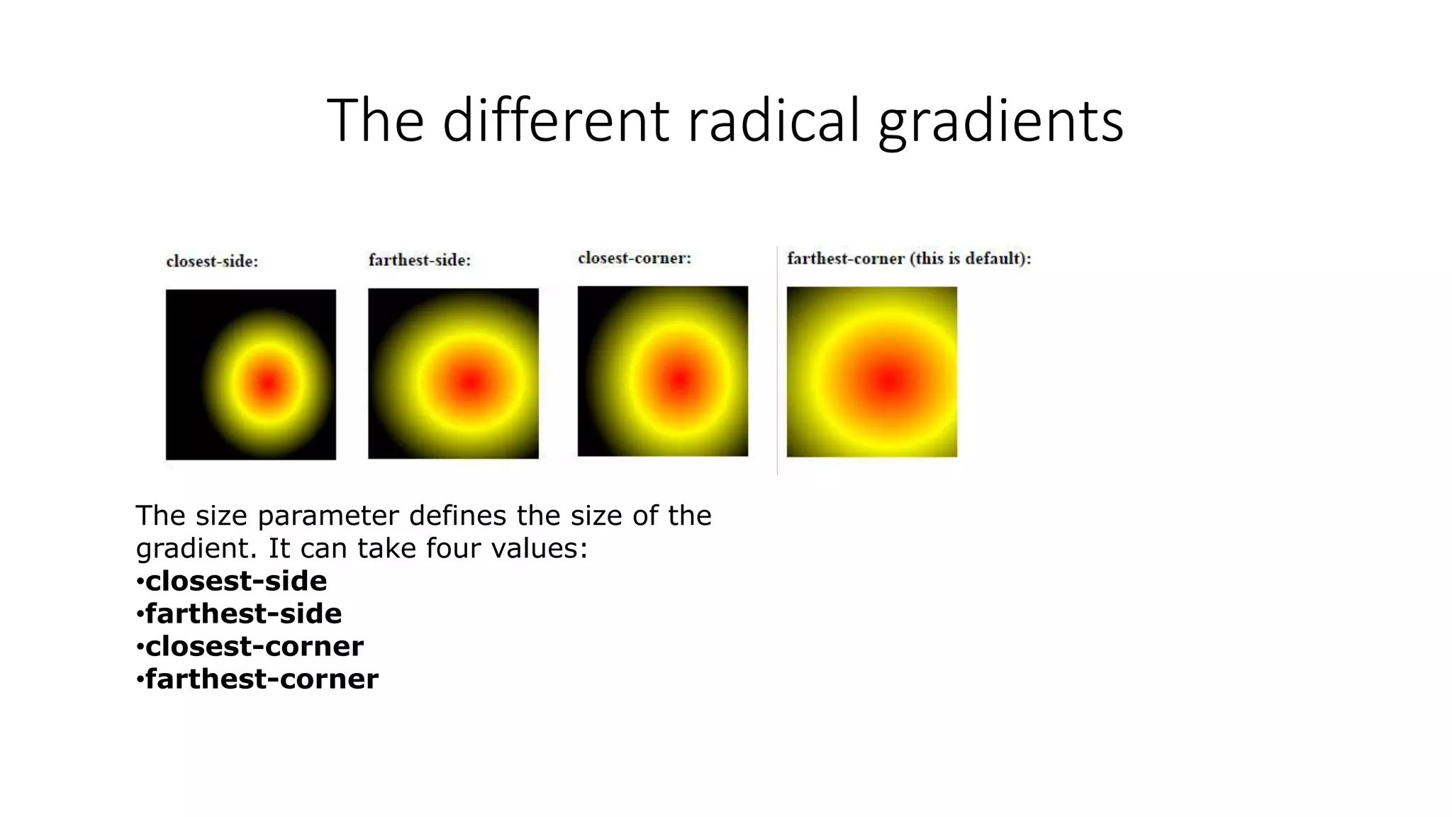 The different radical gradients
The size parameter defines the size of the
gradient. It can take four values:
•closest-side
•farthest-side
•closest-corner
•farthest-corner
 