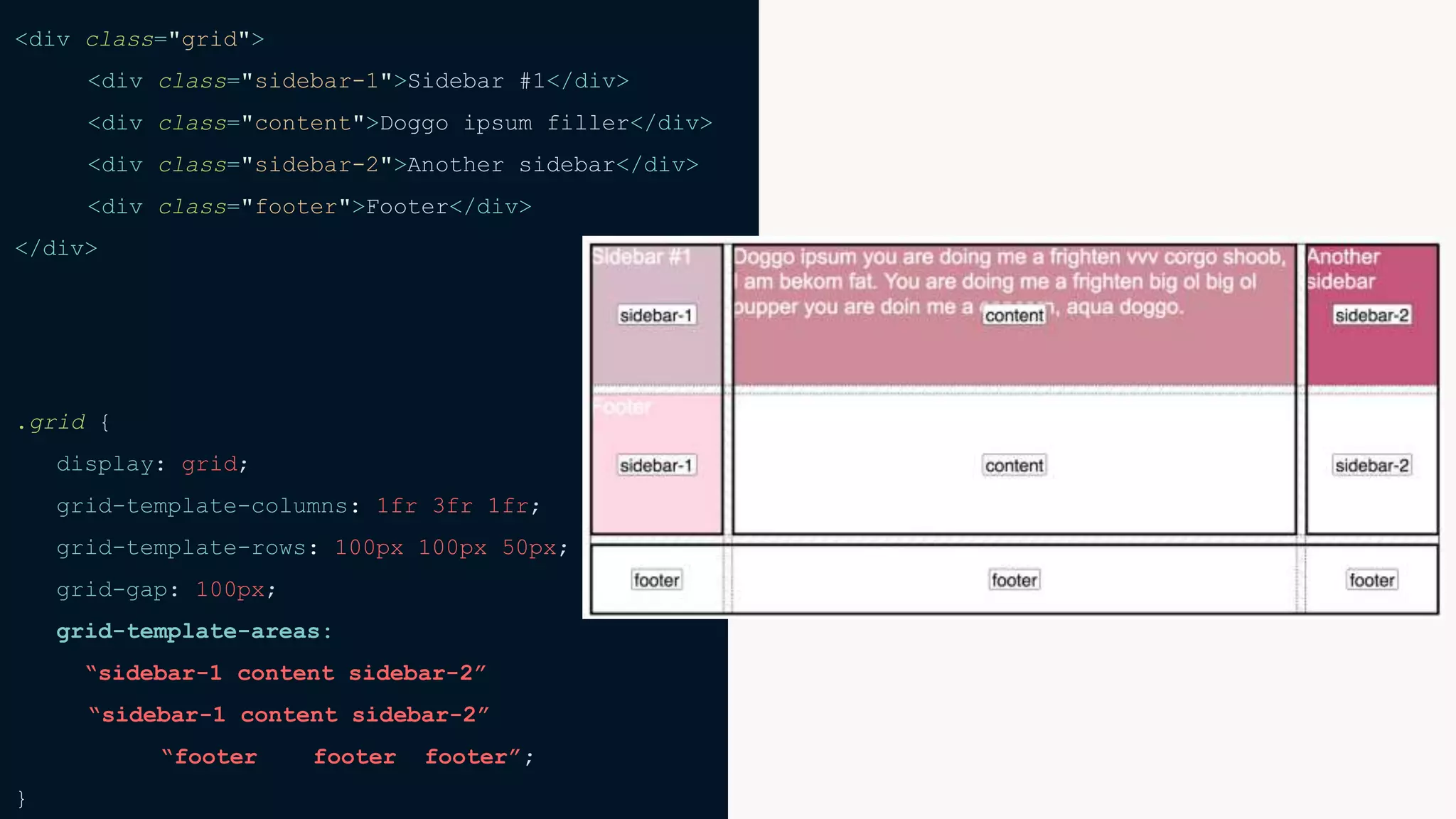 <div class="grid">
<div class="sidebar-1">Sidebar #1</div>
<div class="content">Doggo ipsum filler</div>
<div class="sidebar-2">Another sidebar</div>
<div class="footer">Footer</div>
</div>
.grid {
display: grid;
grid-template-columns: 1fr 3fr 1fr;
grid-template-rows: 100px 100px 50px;
grid-gap: 100px;
grid-template-areas:
“sidebar-1 content sidebar-2”
“sidebar-1 content sidebar-2”
“footer footer footer”;
}
 