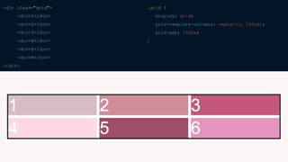 <div class="grid">
<div>1</div>
<div>2</div>
<div>3</div>
<div>4</div>
<div>5</div>
<div>6</div>
</div>
.grid {
display: grid;
grid-template-columns: repeat(3, 200px);
grid-gap: 100px;
}
 