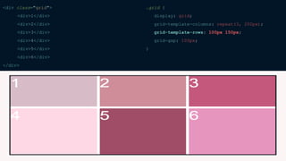 <div class="grid">
<div>1</div>
<div>2</div>
<div>3</div>
<div>4</div>
<div>5</div>
<div>6</div>
</div>
.grid {
display: grid;
grid-template-columns: repeat(3, 200px);
grid-template-rows: 100px 150px;
grid-gap: 100px;
}
 