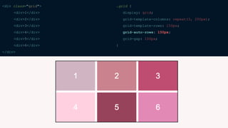 <div class="grid">
<div>1</div>
<div>2</div>
<div>3</div>
<div>4</div>
<div>5</div>
<div>6</div>
</div>
.grid {
display: grid;
grid-template-columns: repeat(3, 200px);
grid-template-rows: 150px;
grid-auto-rows: 150px;
grid-gap: 100px;
}
 