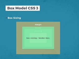 Box Model CSS 3
•Box Sizing
content
padding
border
margin
box-sizing: border-box;
 