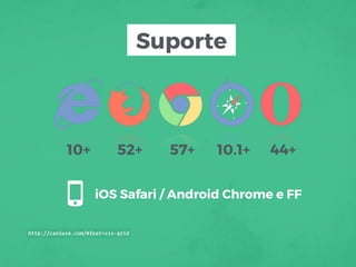 Suporte
10+ 52+ 57+ 10.1+ 44+
http://caniuse.com/#feat=css-grid
iOS Safari / Android Chrome e FF
 