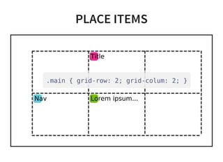 PLACE ITEMS
Title
Nav Lorem ipsum...
.main { grid-row: 2; grid-colum: 2; }
 