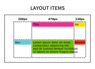 LAYOUT ITEMS
Title
Nav Lorem ipsum dolor sit amet,
consectetur adipiscing elit,
sed do iusmod tempor incididunt
ut labore et dolore magna aliqua.
Ad
Adword
200px 130px470px
 