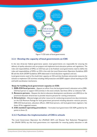 Comprehensive School Safety Implementation Guidelines 21
Figure 7: CSS tasks of local governments
Steps for building local government capacity on CSS:
1.
2.
3.
4.
DRR-CSS focal persons – Appoint an officer from the local government’s education unit as DRR-
CSS focal person to support CSS activities in the area’s schools. See Annex 28 for an indicative ToR.
Resource persons – Request the district education development coordination unit (EDCU) or the
provincial education directorate to provide resource persons for running orientations.
Orientations – Allocate budget and other resources for conducting occasional one-day orientations
on the CSS Minimum Package for local government personnel including education resource persons,
DRR-CSS focal persons, education officers, GESI focal persons, and local government engineers. See
Annex 29 for suggested content.
CSS standard operating procedures – Formulate local government CSS SOPs guided by the
points in Annex 32.
2.2.1	 Develop the capacity of local governments on CSS
2.2.2	 Facilitate the implementation of CSS in schools
In the new three-tier federal governance system, local governments are responsible for ensuring the
delivery of quality education and can prepare and implement local education policies and regulations. The
roles and responsibilities of SMCs on CSS have yet to be finalised. Local governments need to define the
roles and responsibilities of SMCs on CSS in line with the Local Government Operation Guidelines 2074
BS and the draft LDCRP Guidelines 2074 elaborated in local education regulation and acts.
Local governments need to first build their capacity on CSS and then facilitate and provide resources for
schools to implement CSS activities including child protection and SZOP, support school teaching on CSS
and build coordination mechanisms.
The Local Government Operation Act (MoFALD 2017) and Disaster Risk Reduction Management
Act (MoHA 2017a) say that local governments are responsible for ensuring quality education in safe
Support school
teaching on CSS
Cross-cutting:
Coordinate with
local stakeholders
and authorities
Develop the
capacity of local
govenments
on CSS
Facilitate the
implementation of
CSS in schools
Facilitate the
implementation of
child protection
and SZOP codes of
conduct
Oversee the
implementation of
CSS activities by
schools
CSS at Local
Government
Level
 