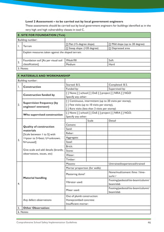 Comprehensive School Safety Implementation Guidelines 46
Level 2 Assessment – to be carried out by local government engineers
These assessments should be carried out by local government engineers for buildings identified as in the
very high and high vulnerability classes in tool C.
E. SITE FOR FOUNDATION (Tick)
Building number:
1. Terrain
[] Flat (<5-degree slope) [] Mild slope (up to 20 degree)
[] Steep slope: (>20 degree) [] Depressed area
Explain measures taken against the sloped terrain:
2.
Foundation soil [As per visual soil
classification]
Weak/fill Soft
Medium Hard
3. Notes:
F. MATERIALS AND WORKMANSHIP
Building number:
1. Construction
Started: B.S. Completed: B.S.
Funded by: Supervised by:
2.
Construction funded by
[ ] None [ ] school [ ] DoE [ ] project [ ] NRA [ ] NGO
Specify any other:
Supervision frequency (by
engineer/ overseer)	
[ ] Continuous, intermittent (up to 20 visits per storey),
[ ] Few visits (up to 10 visits per storey),
[ ] Rare visits (less than 3 visits per storey)
Who supervised construction
[ ] None [ ] school [ ] DoE [ ] project [ ] NRA [ ] NGO.
Specify any other:
3.
Quality of construction
materials
[Scale between 1 to 5] with
1=poor to 5=best; U=unknown,
N=unused]
Give scale and add details (brands,
observations, issues, etc)
Scale Detail
Cement:
Sand:
Rebar:
Aggregate:
Steel:
Brick:
Stone:
Water:
Timber:
4.
Material handling
Masons: Untrained/experienced/trained
Mortar proportion (for walls):
Plastering done?
None/mud/cement /lime / lime-
surki /
Vibrator used:
Footing/pedestal/tie-beam/column/
beam/slab
Mixer used:
Footing/pedestal/tie-beam/column/
beam/slab
Any defect observations
Out of plumb construction:
Honeycombed concrete:
Insufficient mortar:
5. Other Observation:
6. Notes:
 