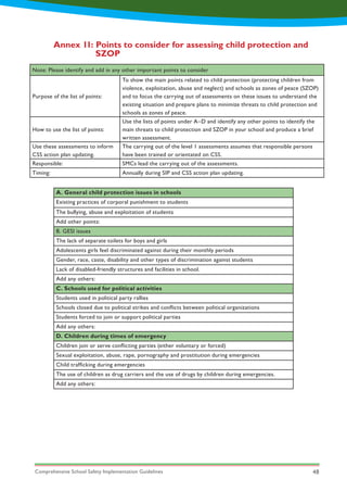 Comprehensive School Safety Implementation Guidelines 48
Annex 11: Points to consider for assessing child protection and 	
		SZOP
Note: Please identify and add in any other important points to consider
Purpose of the list of points:
To show the main points related to child protection (protecting children from
violence, exploitation, abuse and neglect) and schools as zones of peace (SZOP)
and to focus the carrying out of assessments on these issues to understand the
existing situation and prepare plans to minimize threats to child protection and
schools as zones of peace.
How to use the list of points:
Use the lists of points under A–D and identify any other points to identify the
main threats to child protection and SZOP in your school and produce a brief
written assessment.
Use these assessments to inform
CSS action plan updating.
The carrying out of the level 1 assessments assumes that responsible persons
have been trained or orientated on CSS.
Responsible: SMCs lead the carrying out of the assessments.
Timing: Annually during SIP and CSS action plan updating.
A. General child protection issues in schools
Existing practices of corporal punishment to students
The bullying, abuse and exploitation of students
Add other points:
B. GESI issues
The lack of separate toilets for boys and girls
Adolescents girls feel discriminated against during their monthly periods
Gender, race, caste, disability and other types of discrimination against students
Lack of disabled-friendly structures and facilities in school.
Add any others:
C. Schools used for political activities
Students used in political party rallies
Schools closed due to political strikes and conflicts between political organizations
Students forced to join or support political parties
Add any others:
D. Children during times of emergency
Children join or serve conflicting parties (either voluntary or forced)
Sexual exploitation, abuse, rape, pornography and prostitution during emergencies
Child trafficking during emergencies
The use of children as drug carriers and the use of drugs by children during emergencies.
Add any others:
 