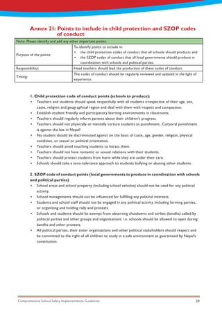 Comprehensive School Safety Implementation Guidelines 59
Annex 21: Points to include in child protection and SZOP codes 	
		of conduct
Note: Please identify and add any other important points.
Purpose of the points:
To identify points to include in:
•	 the child protection codes of conduct that all schools should produce; and
•	 the SZOP codes of conduct that all local governments should produce in
coordination with schools and political parties.
Responsibility: Head teachers should lead the production of these codes of conduct.
Timing:
The codes of conduct should be regularly reviewed and updated in the light of
experience.
1. Child protection code of conduct points (schools to produce):
2. SZOP code of conduct points (local governments to produce in coordination with schools
and political parties)
•	 Teachers and students should speak respectfully with all students irrespective of their age, sex,
caste, religion and geographical region and deal with them with respect and compassion.
•	 Establish student friendly and participatory learning environments in classrooms.
•	 Teachers should regularly inform parents about their children’s progress.
•	 Teachers should not physically or mentally torture students as punishment. Corporal punishment
is against the law in Nepal!
•	 No student should be discriminated against on the basis of caste, age, gender, religion, physical
condition, or sexual or political orientation.
•	 Teachers should avoid touching students to harass them.
•	 Teachers should not have romantic or sexual relations with their students.
•	 Teachers should protect students from harm while they are under their care.
•	 Schools should take a zero-tolerance approach to students bullying or abusing other students.
•	 School areas and school property (including school vehicles) should not be used for any political
activity.
•	 School managements should not be influenced for fulfilling any political interests.
•	 Students and school staff should not be engaged in any political activity including forming parties,
or organizing and holding rally and protests.
•	 Schools and students should be exempt from observing shutdowns and strikes (bandhs) called by
political parties and other groups and organisations: i.e. schools should be allowed to open during
bandhs and other protests.
•	 All political parties, their sister organizations and other political stakeholders should respect and
be committed to the right of all children to study in a safe environment as guaranteed by Nepal’s
constitution.
 