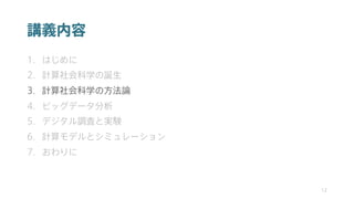 講義内容
1. はじめに
2. 計算社会科学の誕生
3. 計算社会科学の方法論
4. ビッグデータ分析
5. デジタル調査と実験
6. 計算モデルとシミュレーション
7. おわりに
12
 