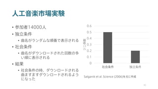 人工音楽市場実験
• 参加者14000人
• 独立条件
• 曲名がランダムな順番で表示される
• 社会条件
• 曲名がダウンロードされた回数の多
い順に表示される
• 結果
• 社会条件の時、ダウンロードされる
曲ますますダウンロードされるよう
になった
30
0
0.1
0.2
0.3
0.4
0.5
0.6
社会的条件 独立条件
ジニ係数
社会条件
Salganik et al. Science (2006)を元に作成
 