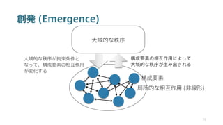創発 (Emergence)
35
大域的な秩序
構成要素の相互作用によって
大域的な秩序が生み出される
構成要素
局所的な相互作用 (非線形)
大域的な秩序が拘束条件と
なって、構成要素の相互作用
が変化する
 