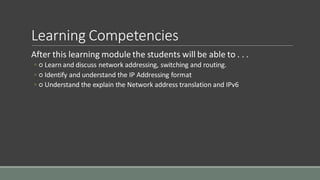 Learning Competencies
After this learning module the students will be able to . . .
◦ ○ Learn and discuss network addressing, switching and routing.
◦ ○ Identify and understand the IP Addressing format
◦ ○ Understand the explain the Network address translation and IPv6
 
