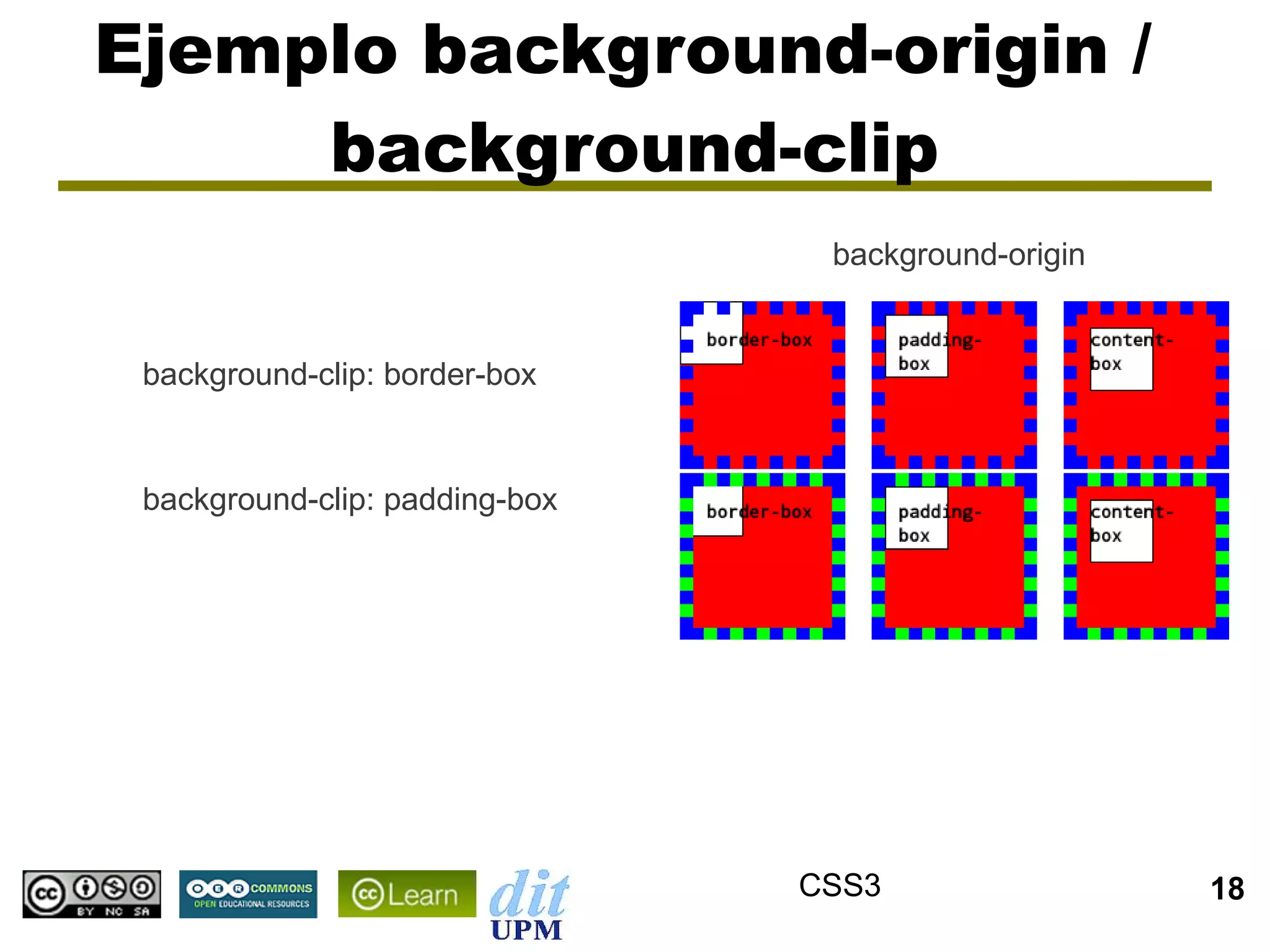 Ejemplo background-origin /
     background-clip
                                 background-origin


 background-clip: border-box


 background-clip: padding-box




                                CSS3                 18
 