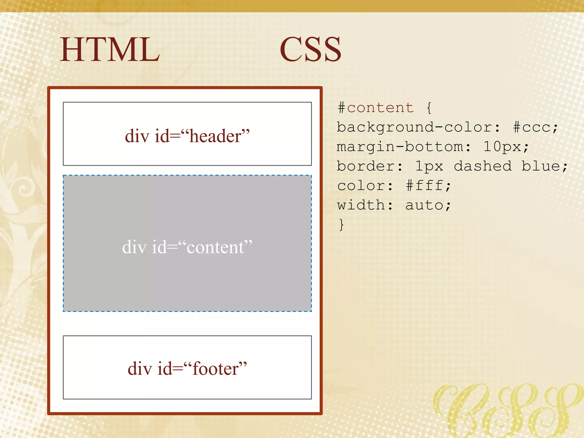HTML CSS
div id=“header”
div id=“footer”
div id=“content”
#content {
background-color: #ccc;
margin-bottom: 10px;
border: 1px dashed blue;
color: #fff;
width: auto;
}
 