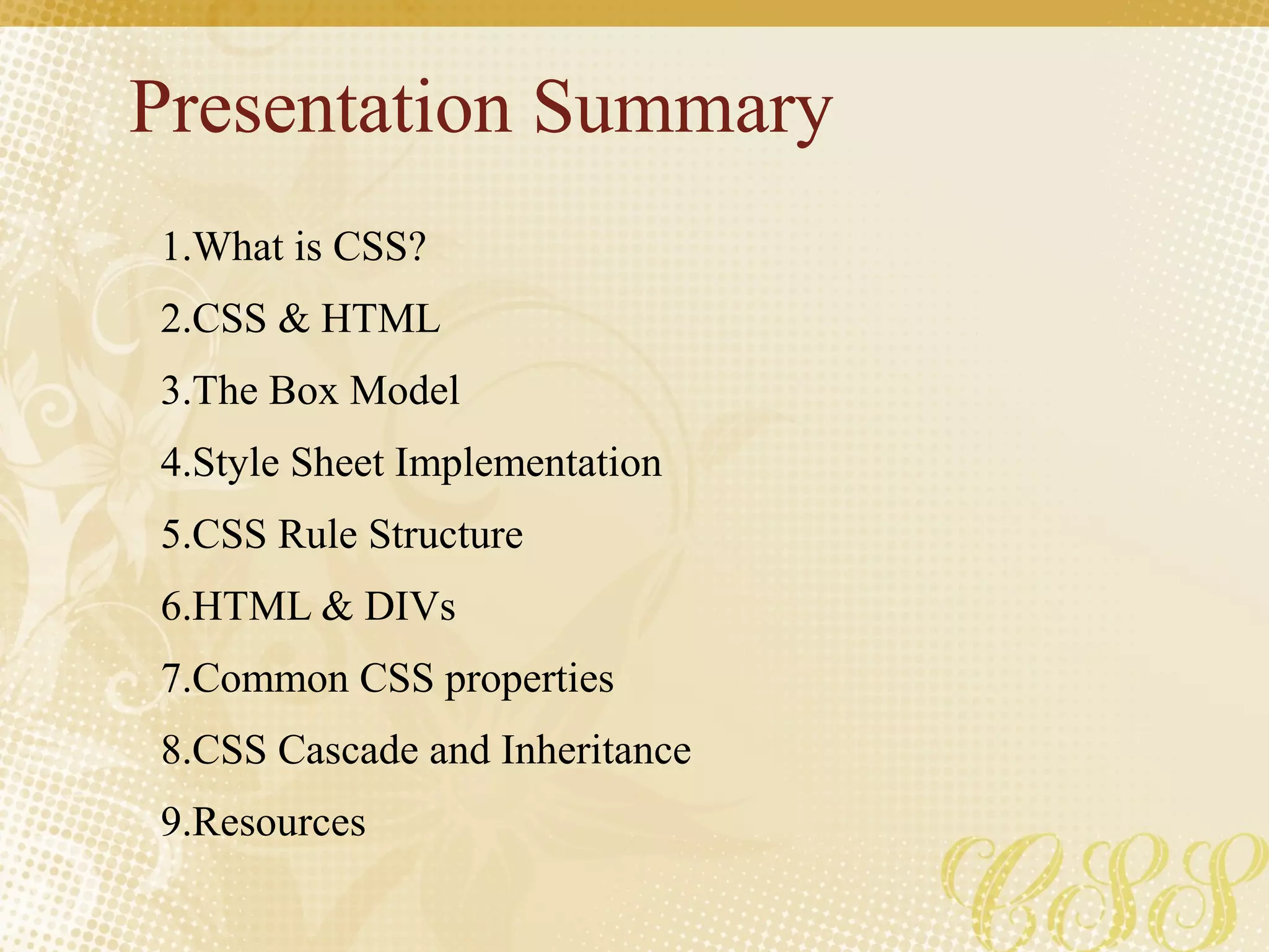 Presentation Summary
1.What is CSS?
2.CSS & HTML
3.The Box Model
4.Style Sheet Implementation
5.CSS Rule Structure
6.HTML & DIVs
7.Common CSS properties
8.CSS Cascade and Inheritance
9.Resources
 